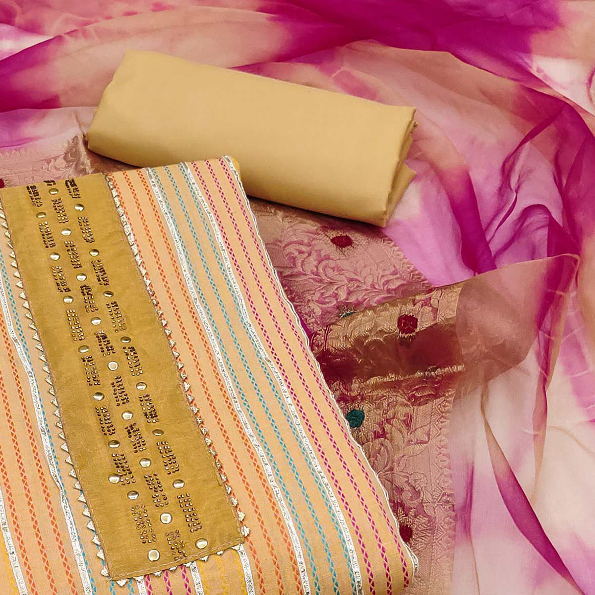 Beige Striped Woven Pure Cotton Dress Material