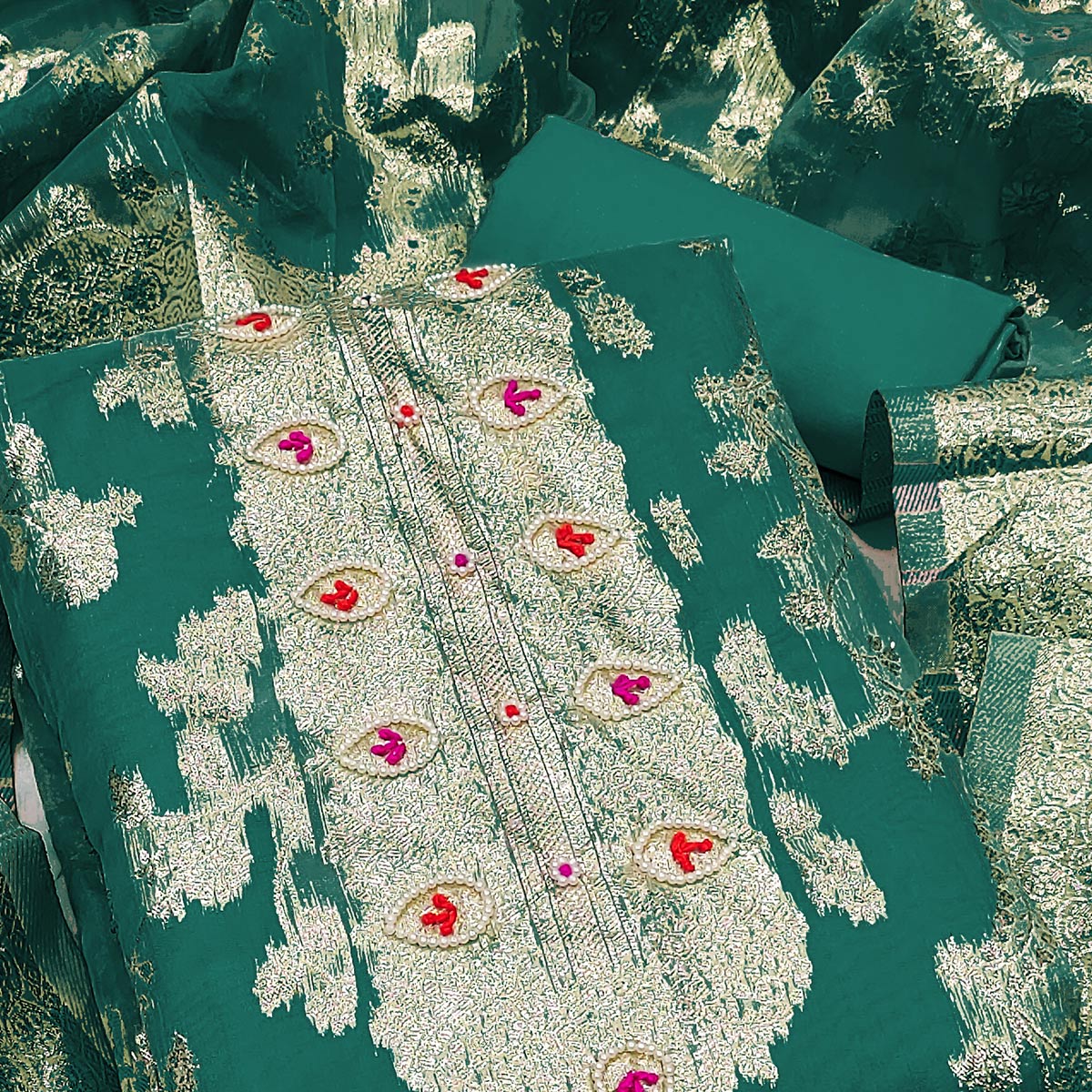 Morpich Green Woven Organza Dress Material