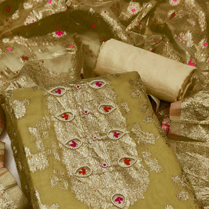 Olive Green Woven Organza Dress Material