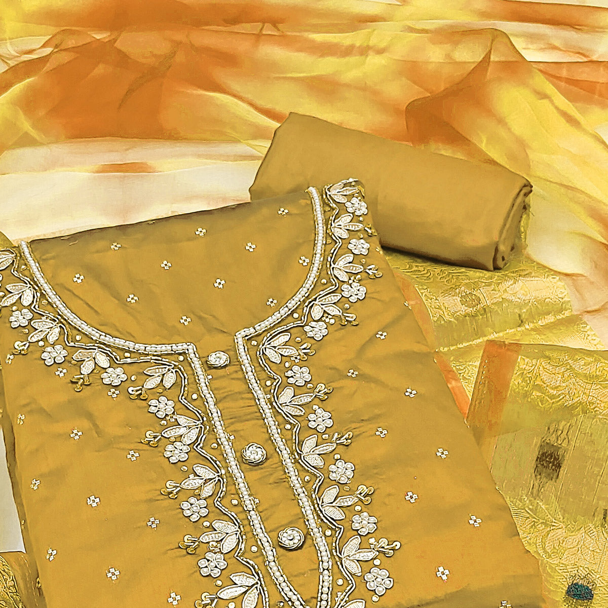 Yellow Woven Chanderi Silk Dress Material