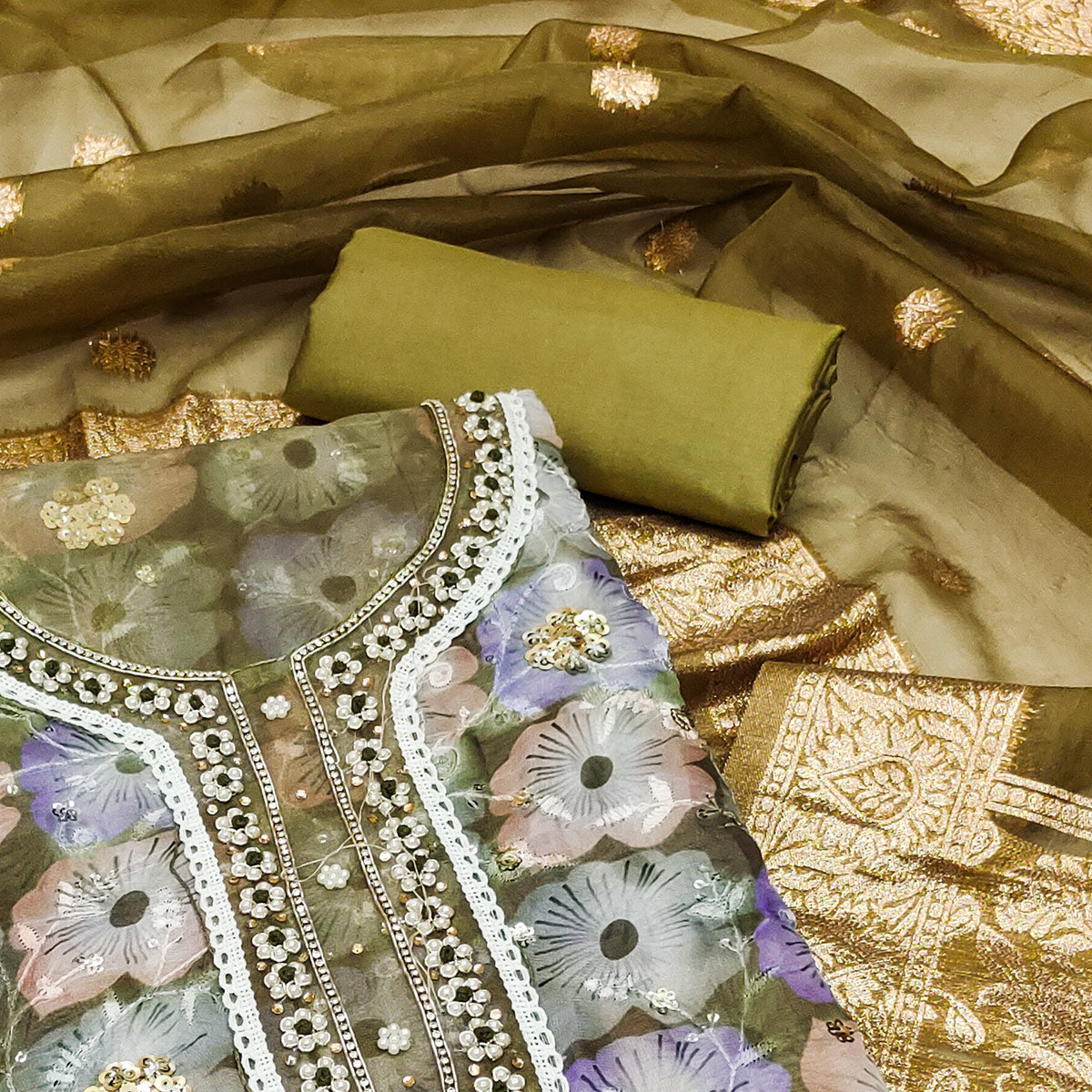 Olive Green Floral Printed With Embroidered Organza Dress Material