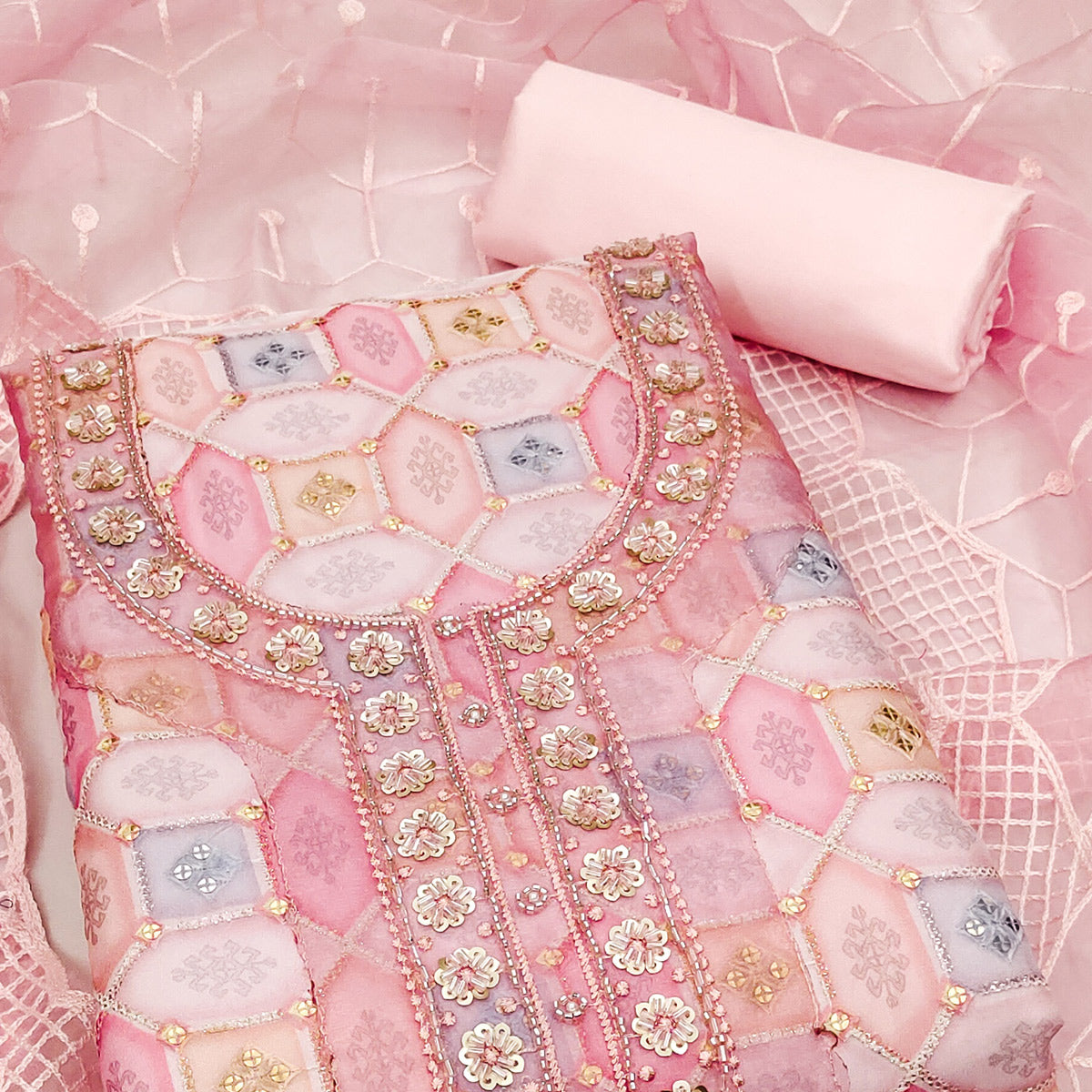 Pink Embroidered Organza Dress Material With Dupatta