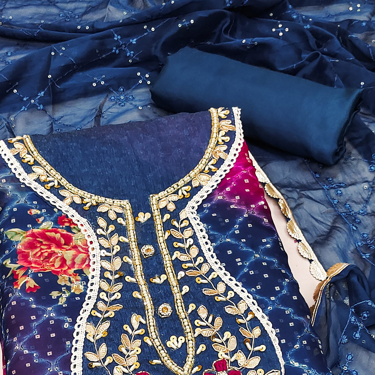 Blue & Pink Sequins Embroidered Organza Dress Material