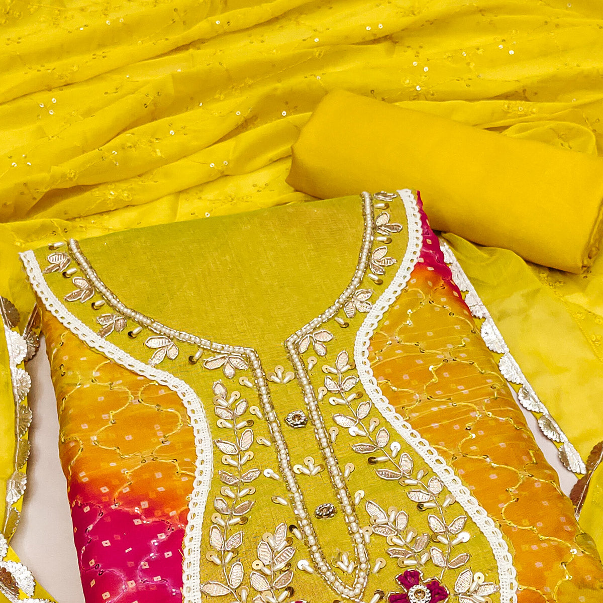 Yellow & Pink Sequins Embroidered Organza Dress Material