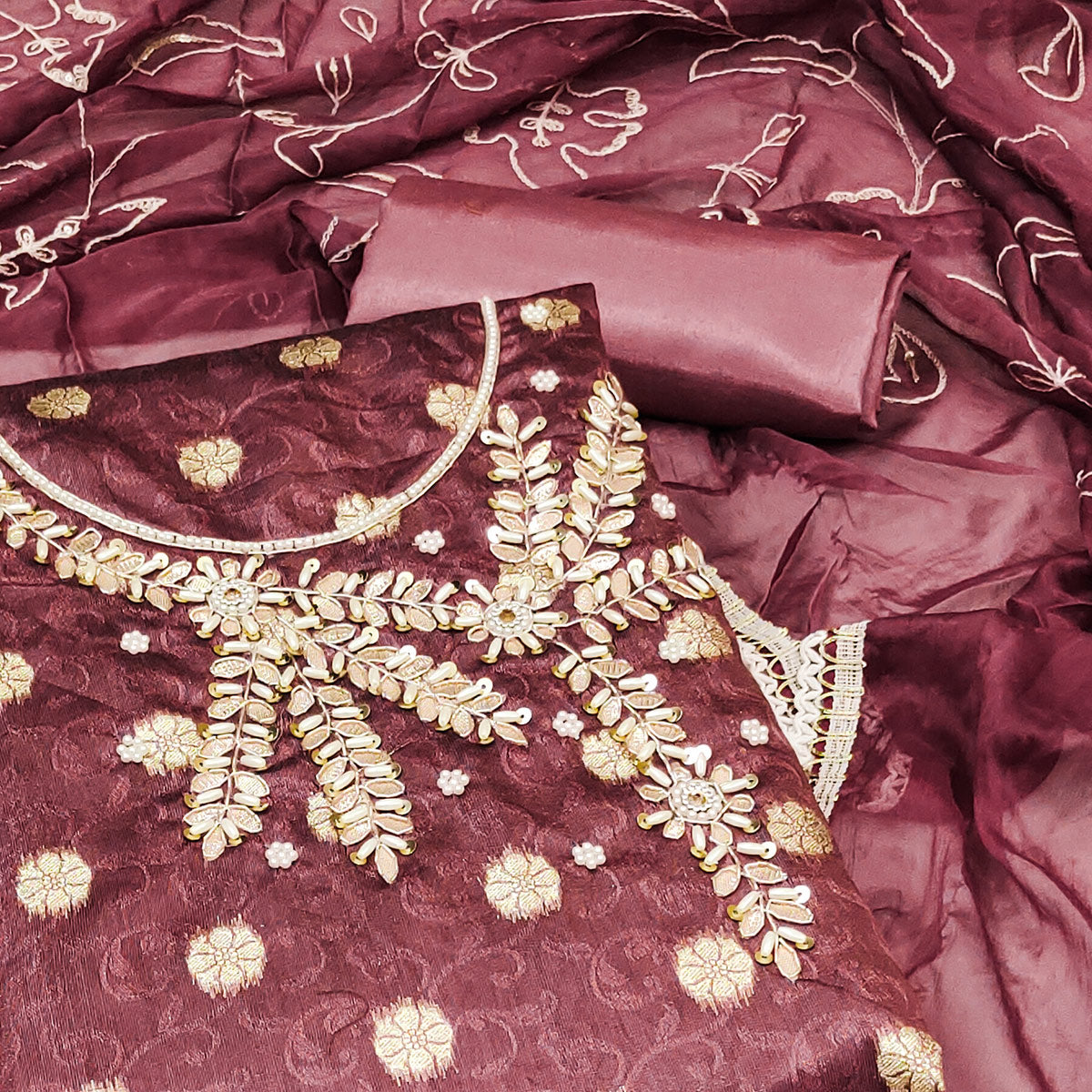 Maroon Woven Banarasi Silk Dress Material