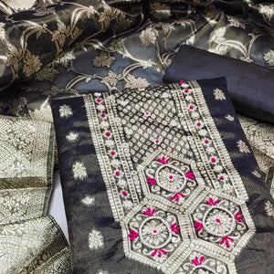 Grey Woven Banarasi Silk Dress Material