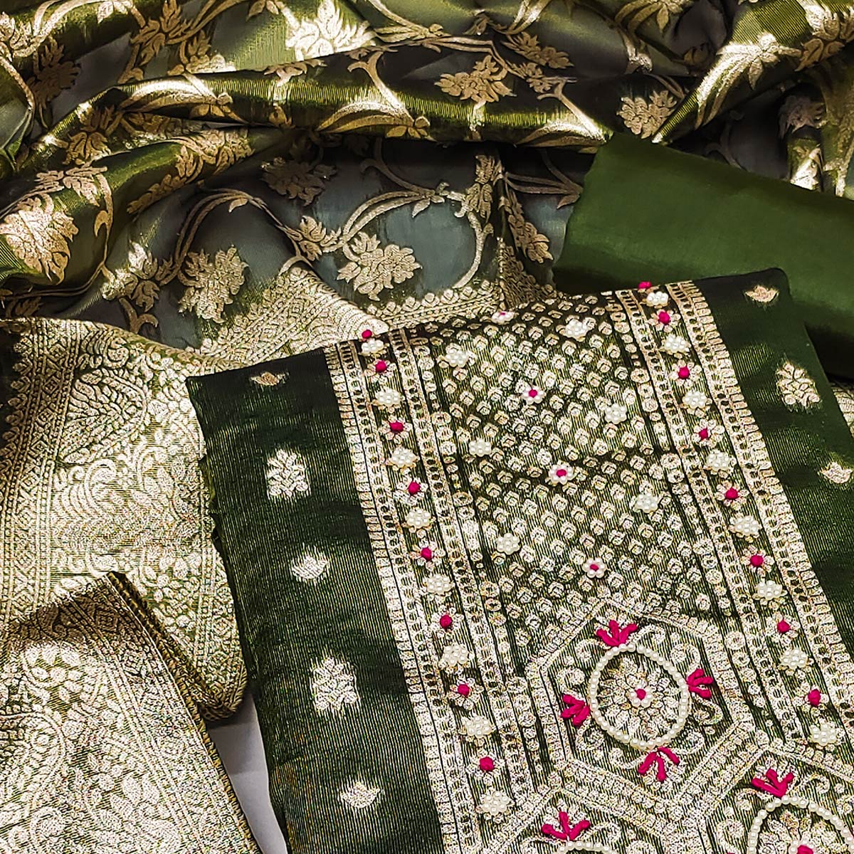 Mehandi Green Woven Banarasi Silk Dress Material