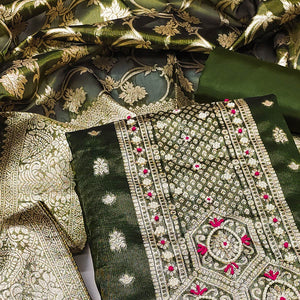 Mehandi Green Woven Banarasi Silk Dress Material
