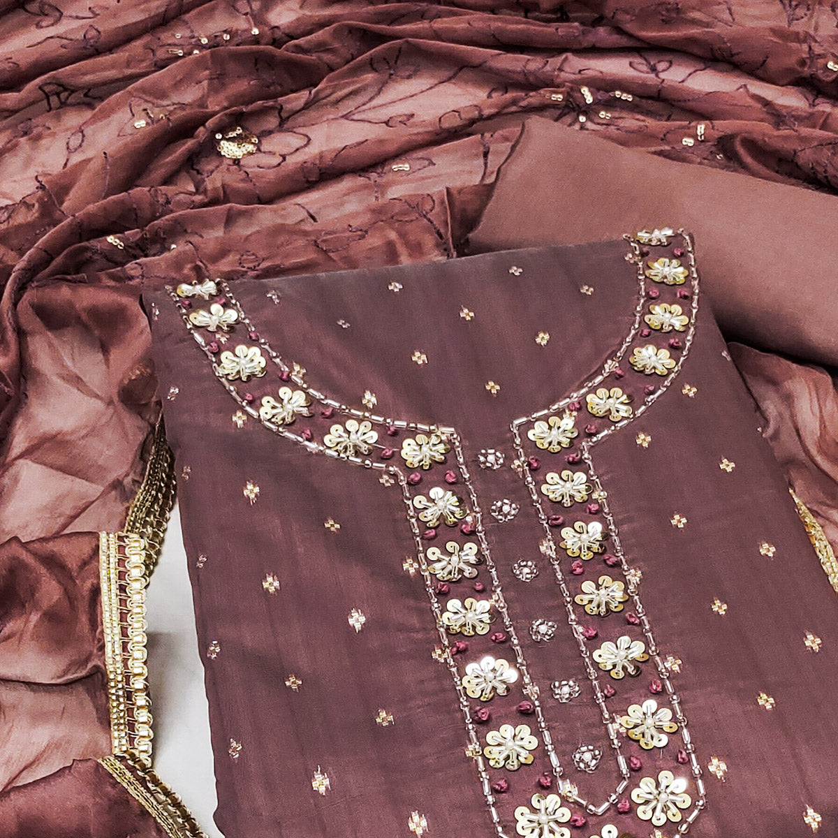 Brown Woven Chanderi Silk Dress Material