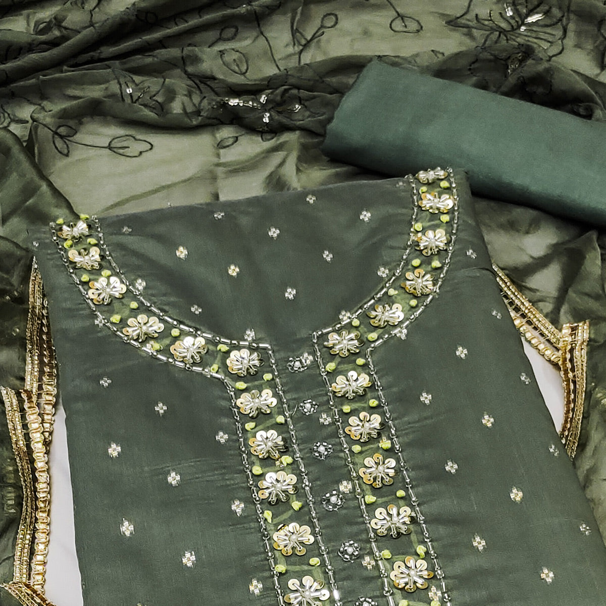 Green Woven Chanderi Silk Dress Material