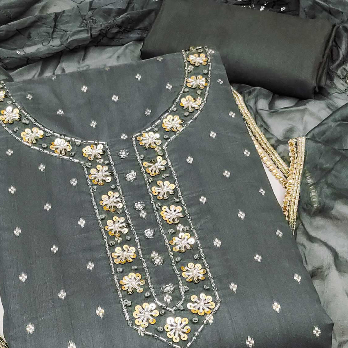 Grey Woven Chanderi Silk Dress Material