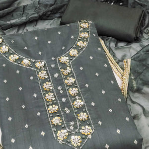 Grey Woven Chanderi Silk Dress Material
