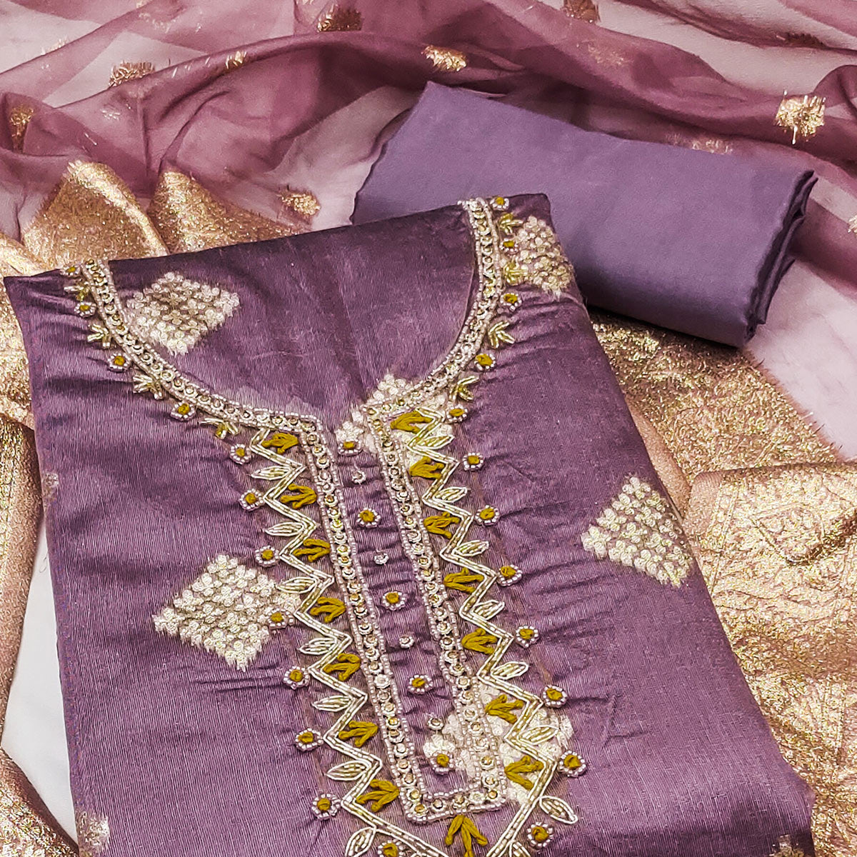 Purple Woven Banarasi Silk Dress Material