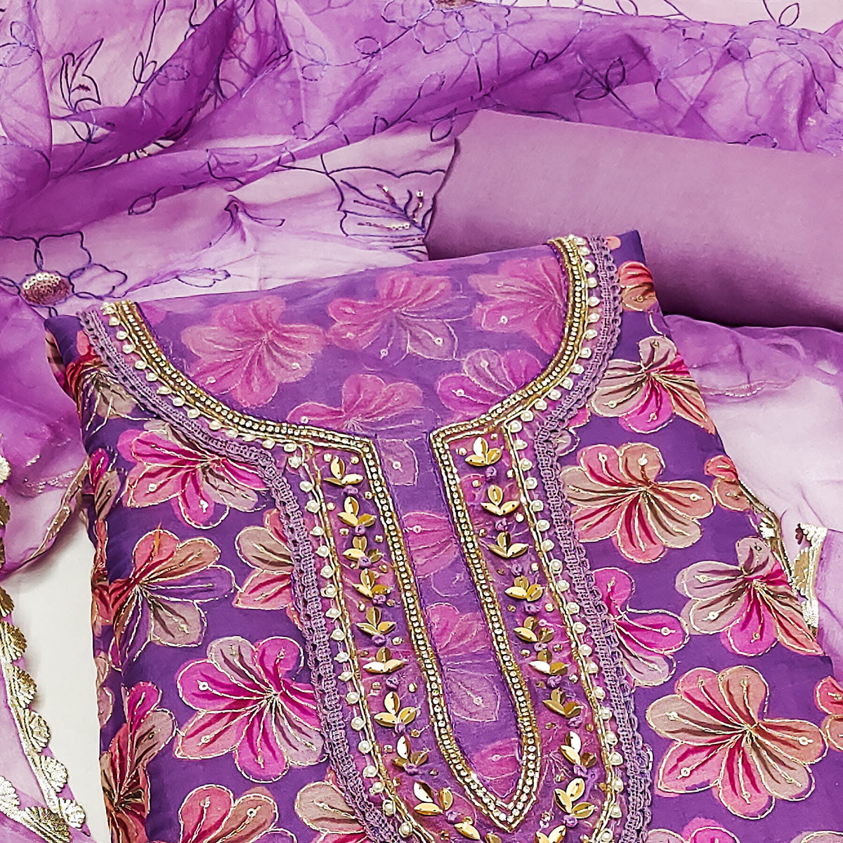 Purple Sequins Embroidered Organza Dress Material