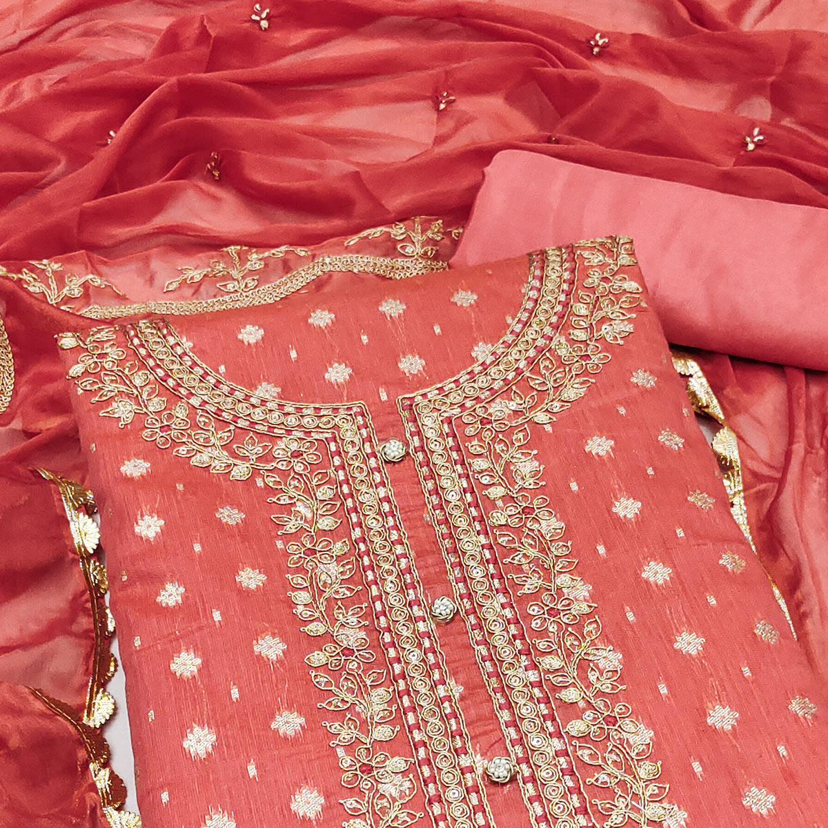 Gajri Pink Woven Chanderi Silk Dress Material