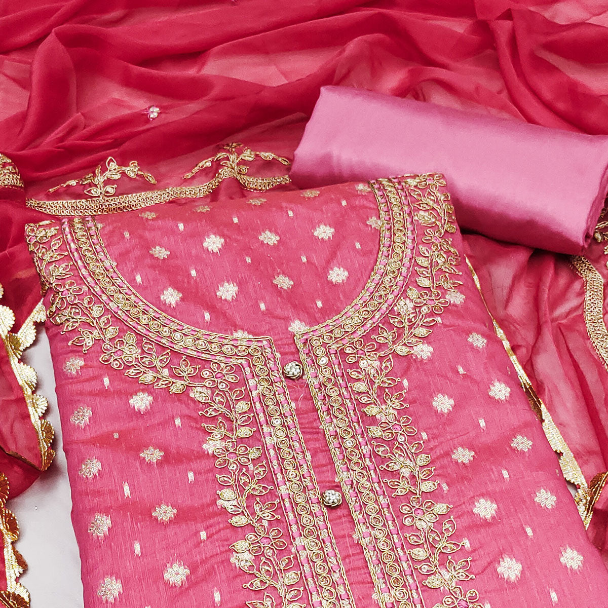 Pink Woven Chanderi Silk Dress Material