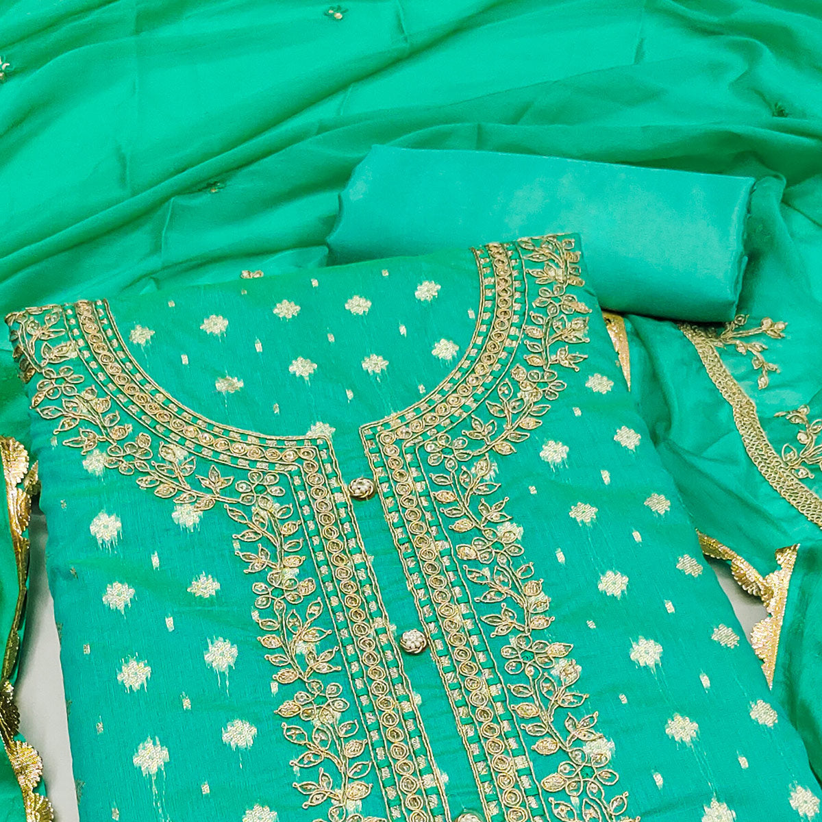 Turquoise Woven Chanderi Silk Dress Material