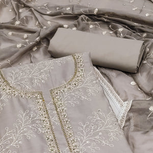 Grey Embroidered Cotton Blend Dress Material