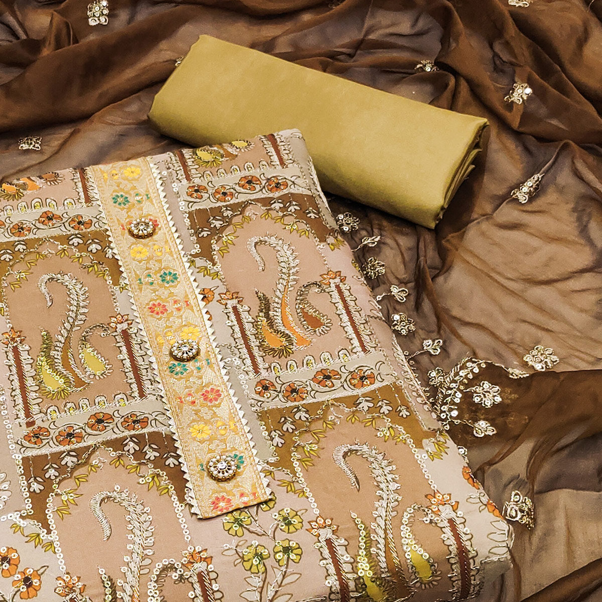 Brown Floral Embroidered With Printed Organza Dress Material
