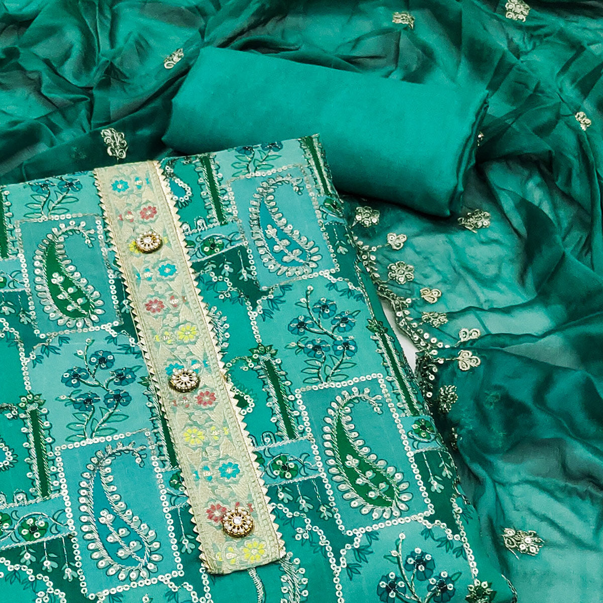 Rama Green Floral Embroidered With Printed Organza Dress Material