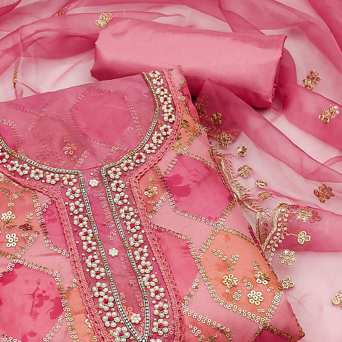 Gajari Pink Sequins Embroidered With Handwork Organza Dress Material