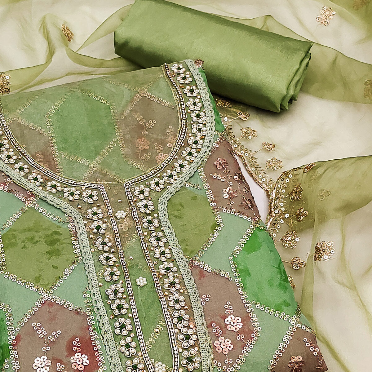 Green Sequins Embroidered With Handwork Organza Dress Material