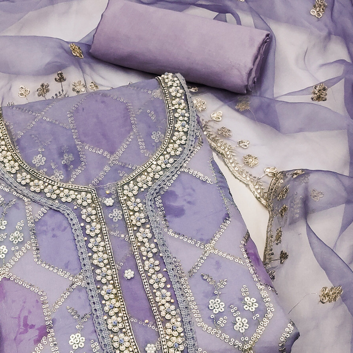 Lavender Sequins Embroidered With Handwork Organza Dress Material