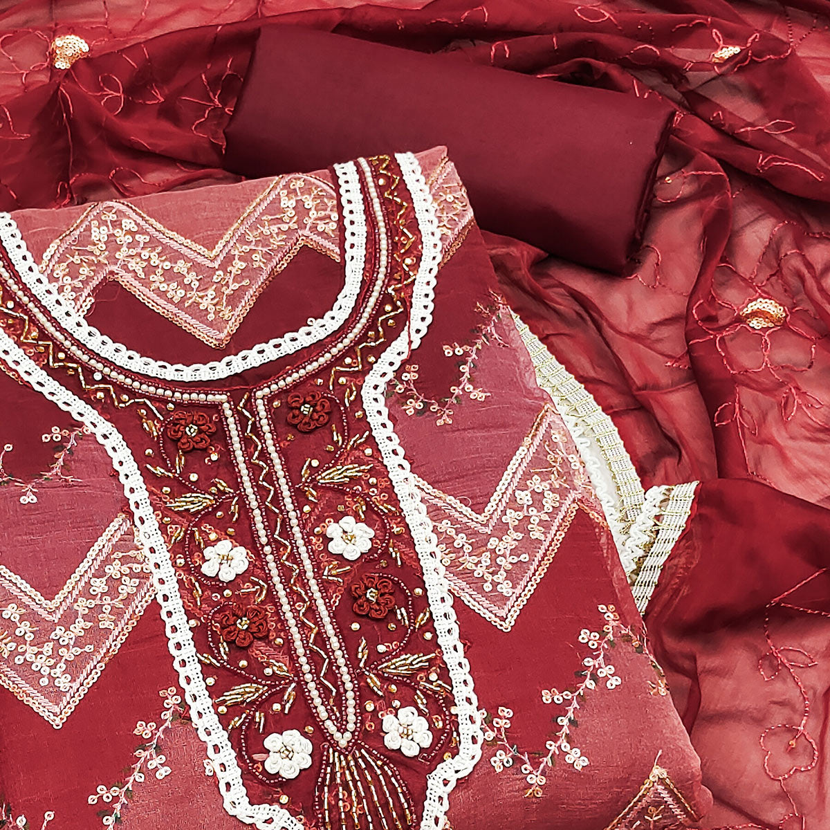Maroon Sequins Embroidered With Handwork Organza Dress Material