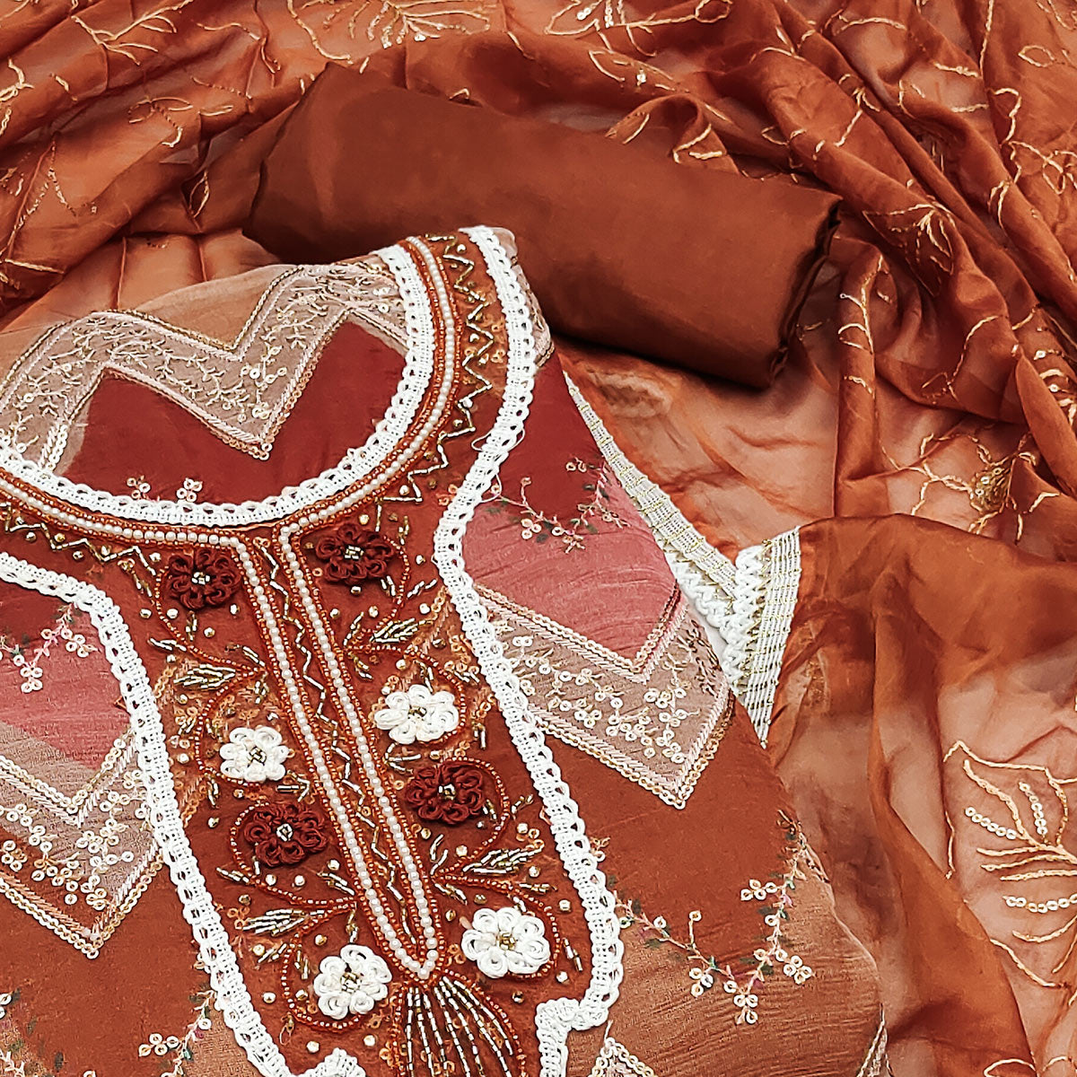 Rust Sequins Embroidered With Handwork Organza Dress Material
