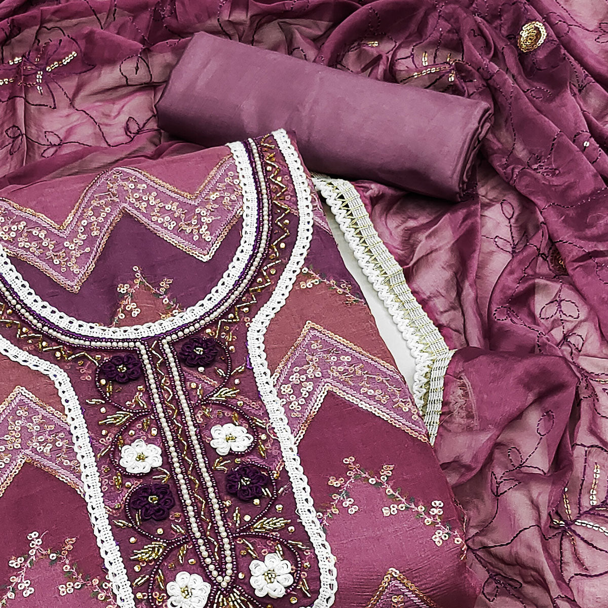 Wine Sequins Embroidered With Handwork Organza Dress Material