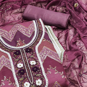 Wine Sequins Embroidered With Handwork Organza Dress Material