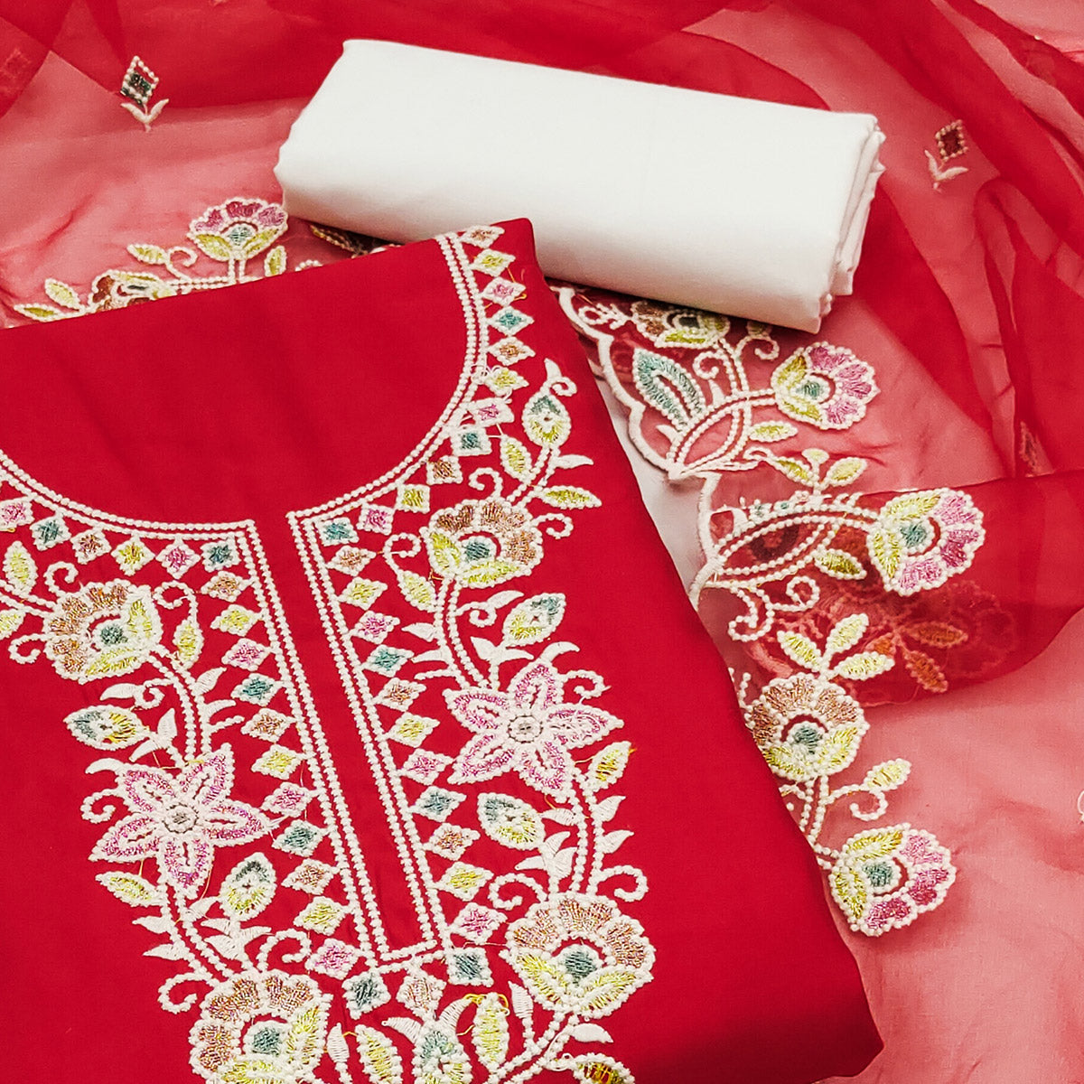 Red Floral Embroidered Cotton Silk Dress Material