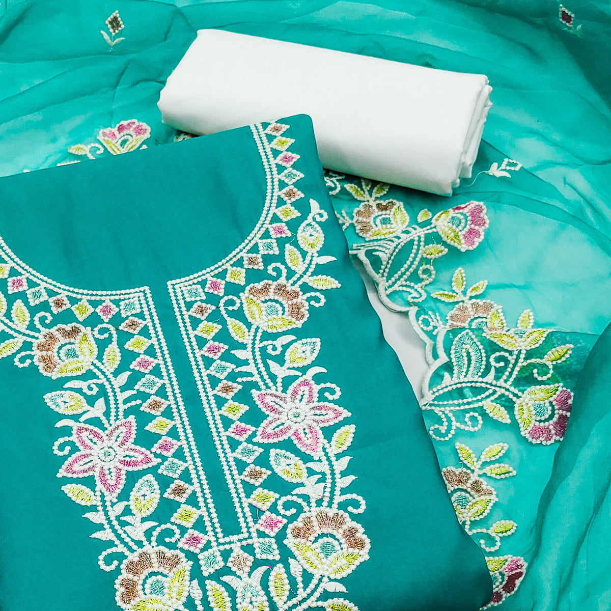 Rama Green Floral Embroidered Cotton Silk Dress Material