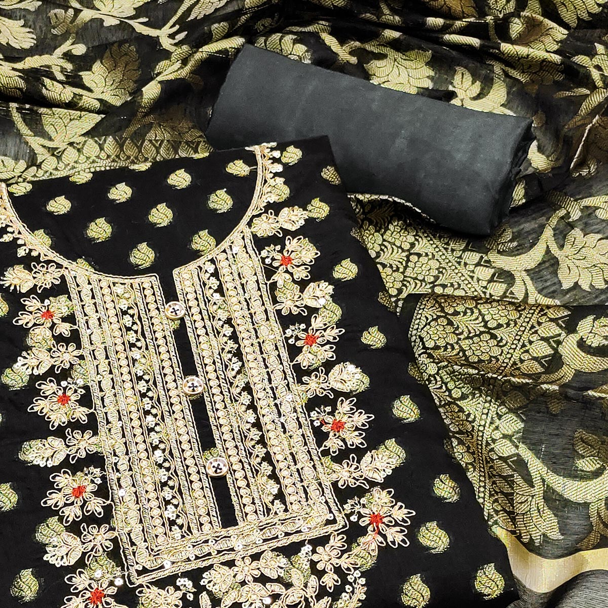 Black Woven With Embroidered Banarasi Silk Dress Material