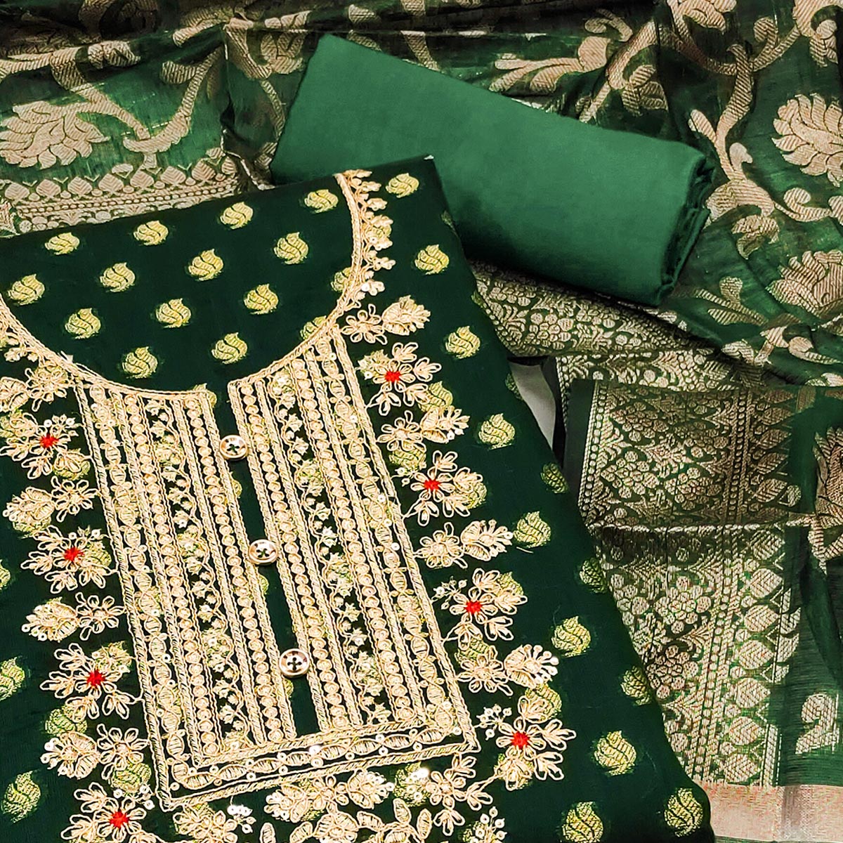 Green Woven With Embroidered Banarasi Silk Dress Material