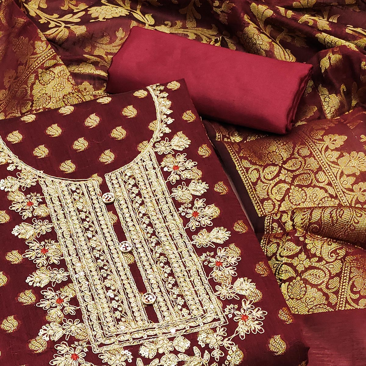 Maroon Woven With Embroidered Banarasi Silk Dress Material