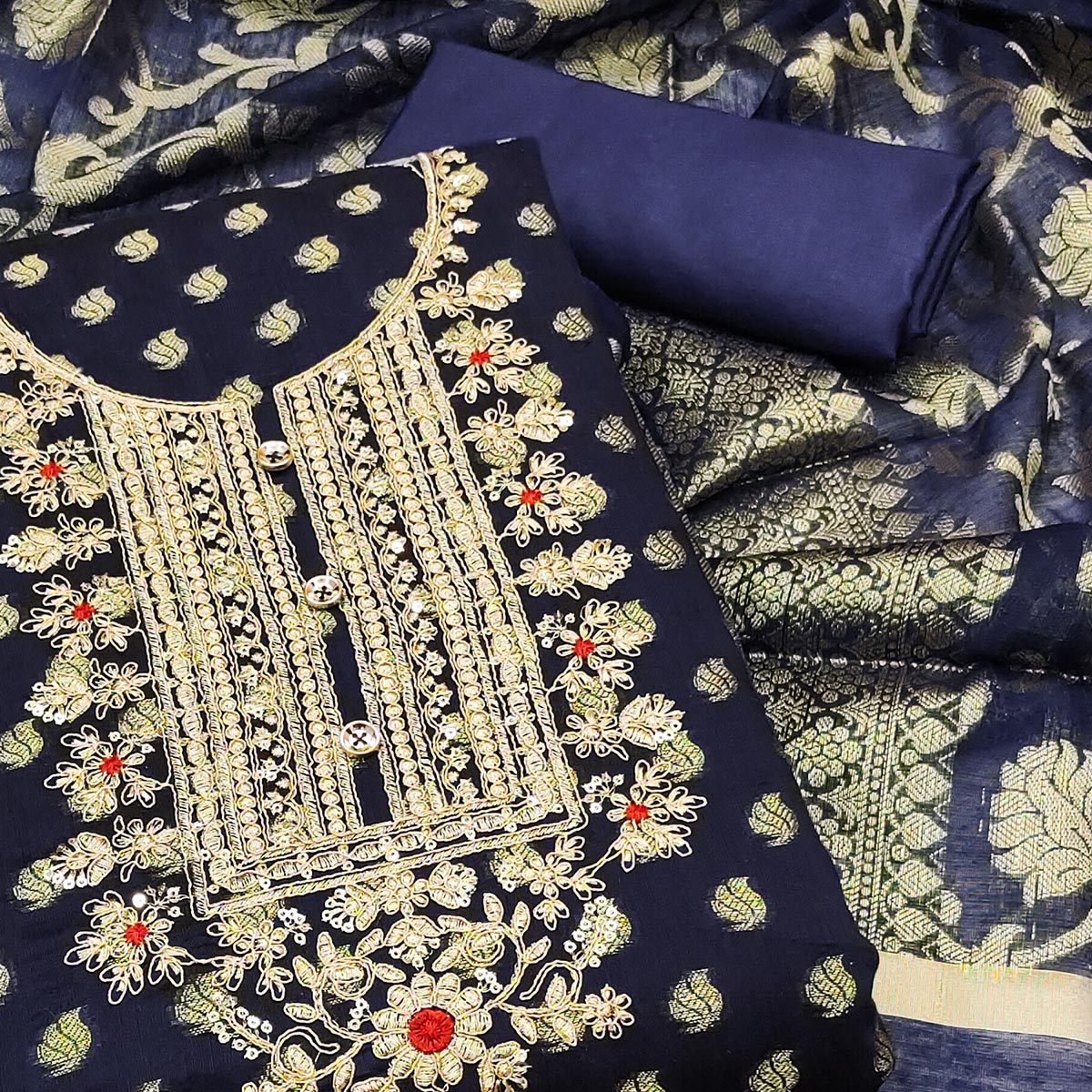 Navy Blue Woven With Embroidered Banarasi Silk Dress Material