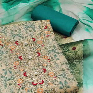 Beige & Rama Green Floral Digital Printed With Embroidery Viscose Dress Material