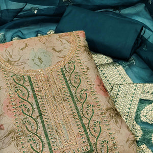 Beige Floral Digital Printed With Embroidery Viscose Dress Material