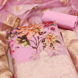 Pink Woven With Digital Printed Organza Dress Material