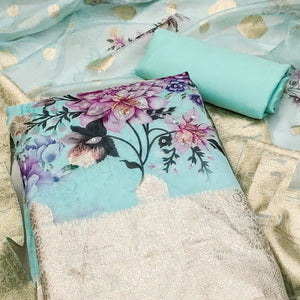 Turquoise Woven With Digital Printed Organza Dress Material