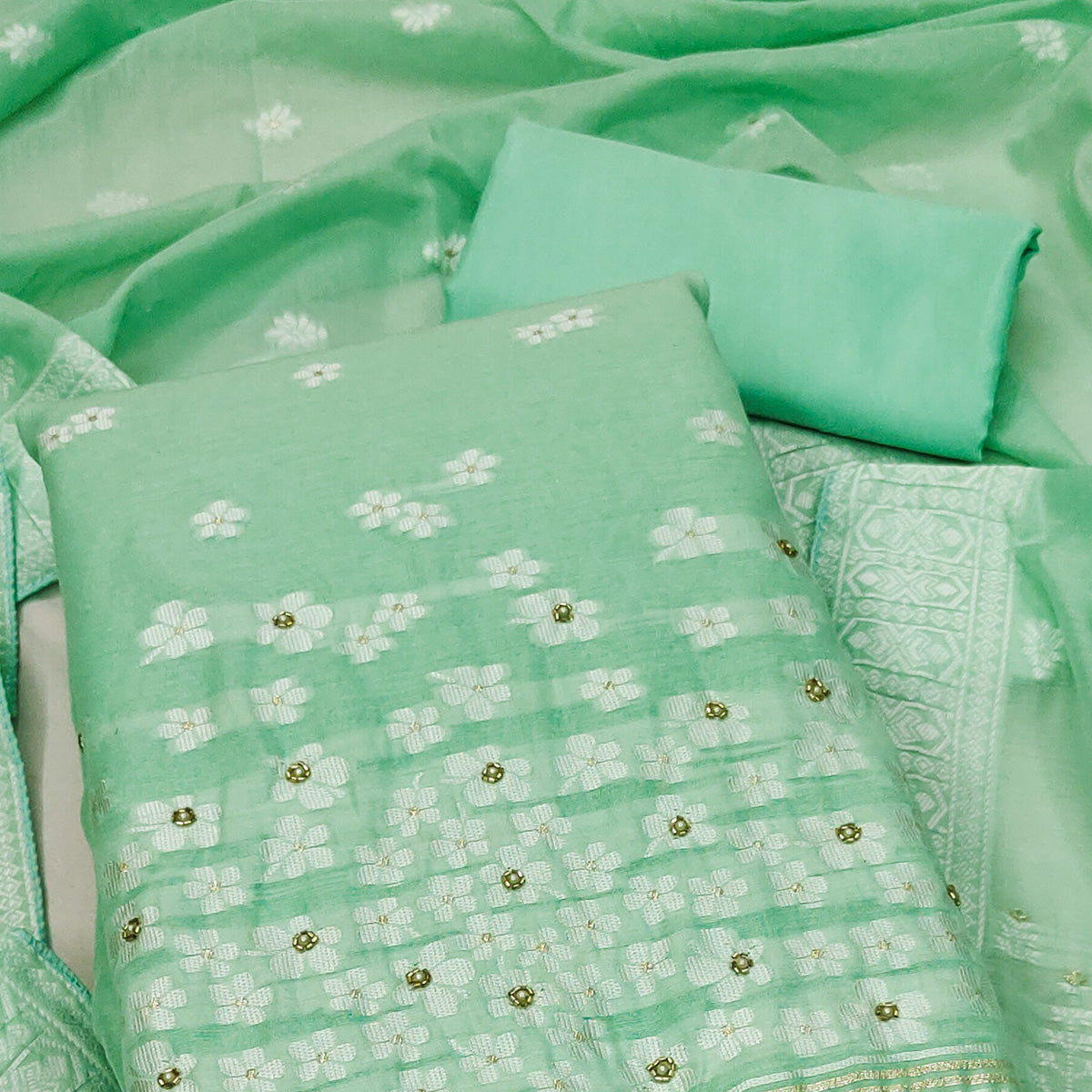 Sea Green Floral Woven With Hand Embroidered Muslin Dress Material