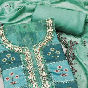 Turquoise Floral Hand Embroidered Muslin Dress Material