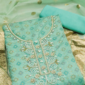Turquoise Printed With Hand Embroidered Muslin Dress Material