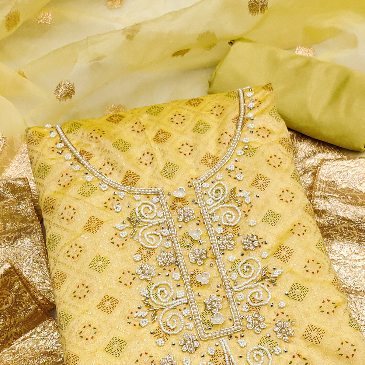 Yellow Printed With Hand Embroidered Muslin Dress Material