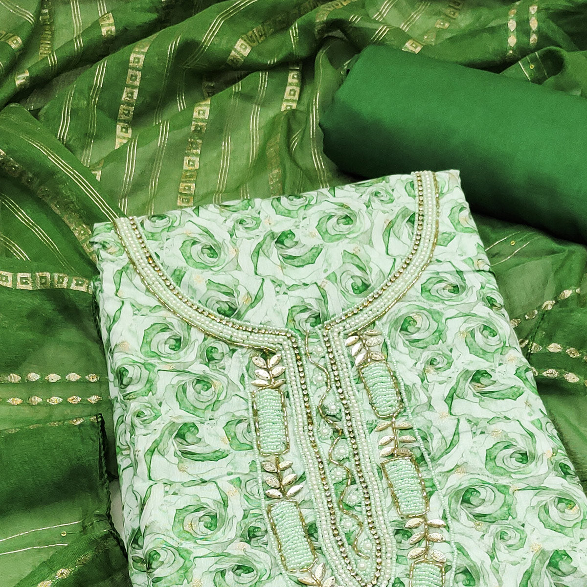 Green Digital Printed With Hand Embroidered Muslin Dress Material