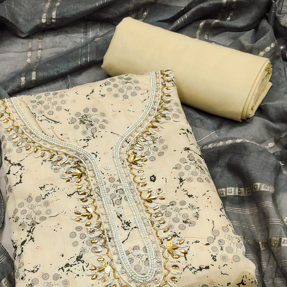 Cream & Dark Grey Digital Printed With Hand Embroidered Muslin Dress M