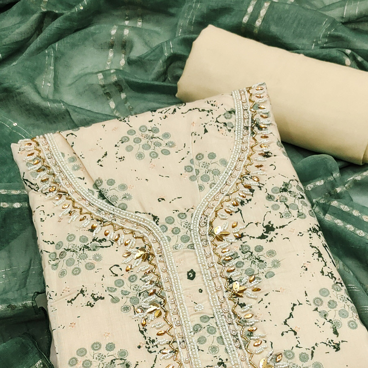 Cream & Green Digital Printed With Hand Embroidered Muslin Dress Material