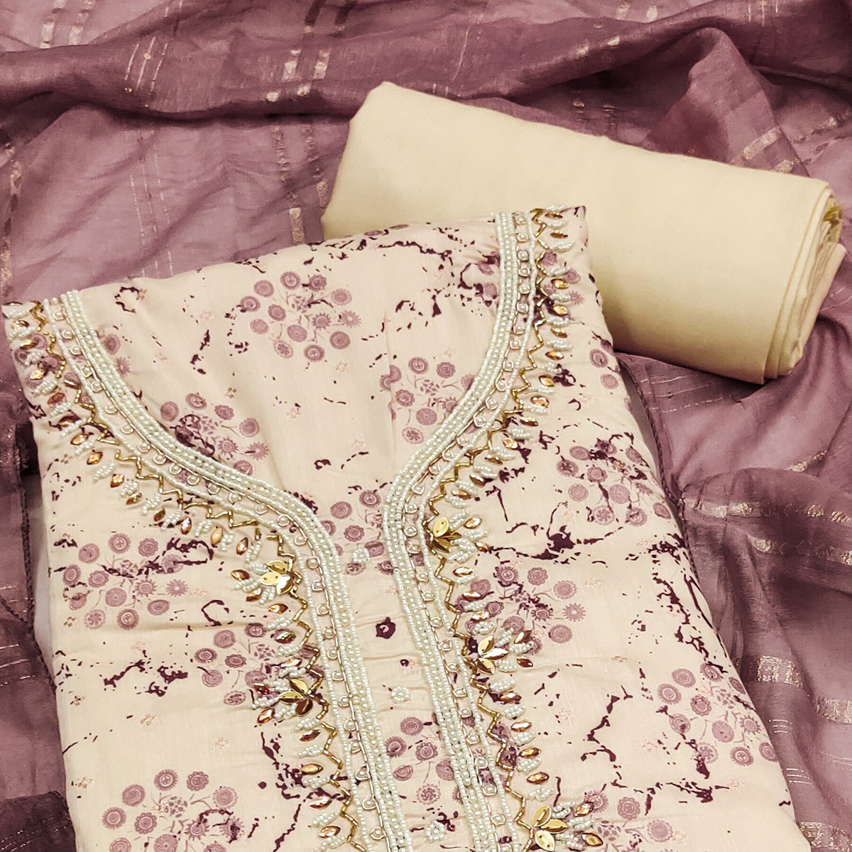 Cream & Mauve Digital Printed With Hand Embroidered Muslin Dress Material