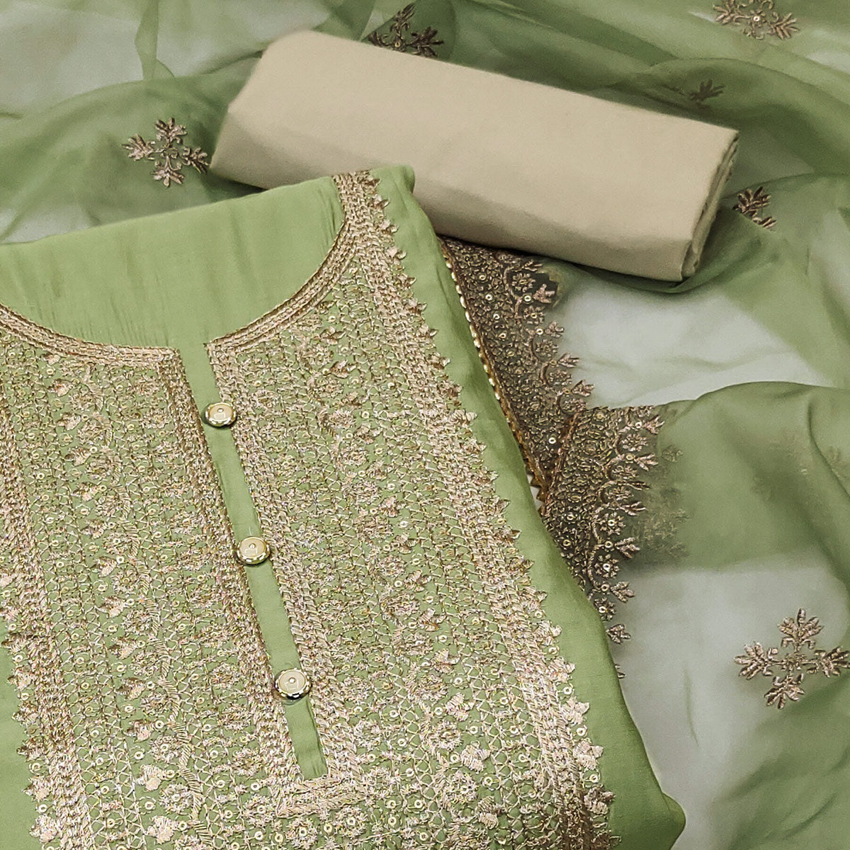 Green Floral Embroidered Cotton Silk Dress Material